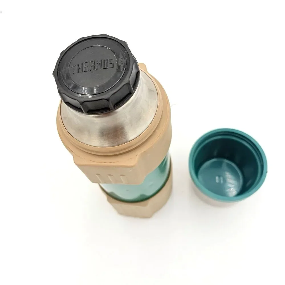 Vintage Thermos Stopper #650 1 Liter Teal Tan Stainless Bottle USA